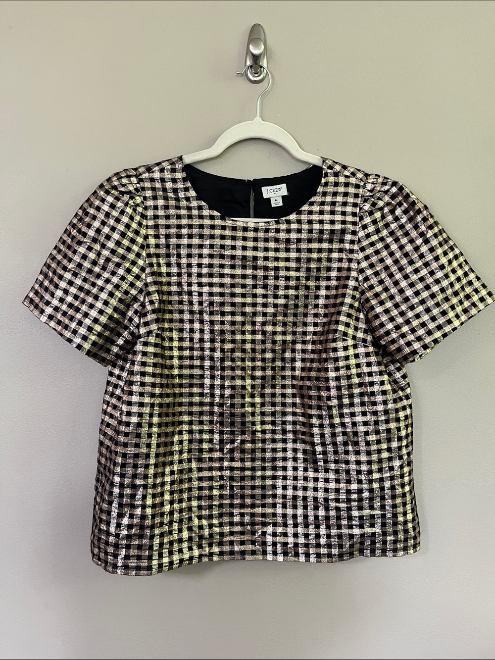 J Crew Puff-sleeve black and gold gingham puff sleeve Top size medium